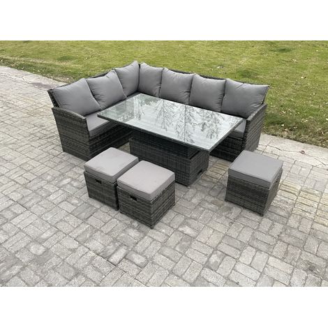 Fimous Gartenmöbel Set aus Polyrattan für den Außenbereich Höhenverstellbarer Esstisch Sofa Set mit 3 Kleine Hockern Dunkelgrau gemischt