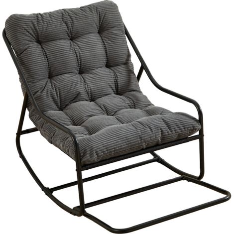 Fauteuil à bascule extérieur en acier avec coussin épais gris, cadre noir, pour salon et chambre (1/5)