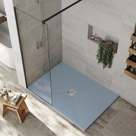 Receveur de douche 90x160 cm extra plat DEXA en résine surface ardoisée gris cendre Grille inox (1/5)