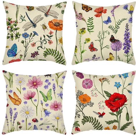 Housse de coussin en lin 45x45 cm - 4 pièces - Plantes à fleurs lentilles - Housse de coussin de canapé - Décoration d'intérieur (1/2)