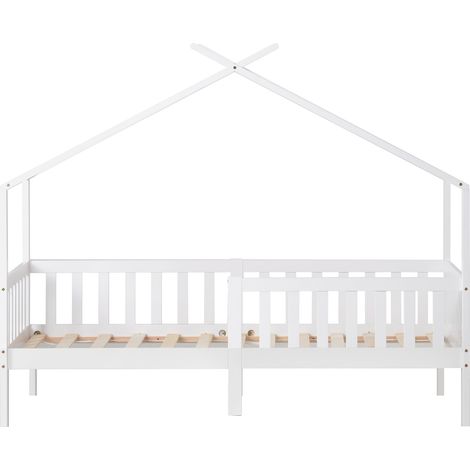 Joli lit cabane, lit enfant en bois massif avec barrière et sommier à lattes, chambre enfant et ado avec protection antichute, blanc (200x90 cm) (1/5)
