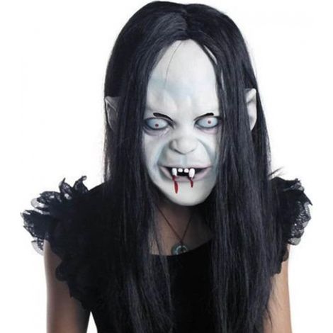 Masque de fantôme d'Halloween – Visage de zombie effrayant en latex avec cheveux noirs