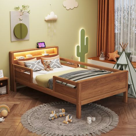Holzbett, USB- und Tape-C-Kombi-Steckdose, Kleine LED-Leuchte, Kopfteil mit Ablagefunktion, Kinderbett, Einzelbett, Multifunktionsbett,Kiefernholz