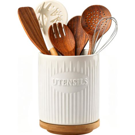 Rangement d'ustensiles de cuisine rotatif à 360° – Grand distributeur en céramique pour plan de travail de 19,5 cm avec base en bambou, organisateur d'ustensiles, décoration de cuisine (1/5)