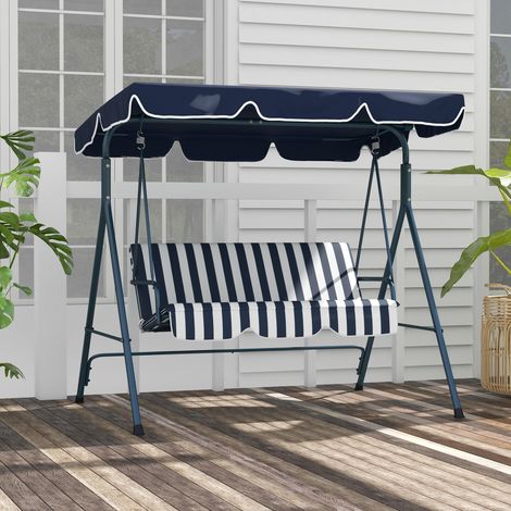 Dondolo da Giardino 3 Posti con Tetto Parasole, in Acciaio e Poliestere, 172x110x153 cm, Bianco e Blu