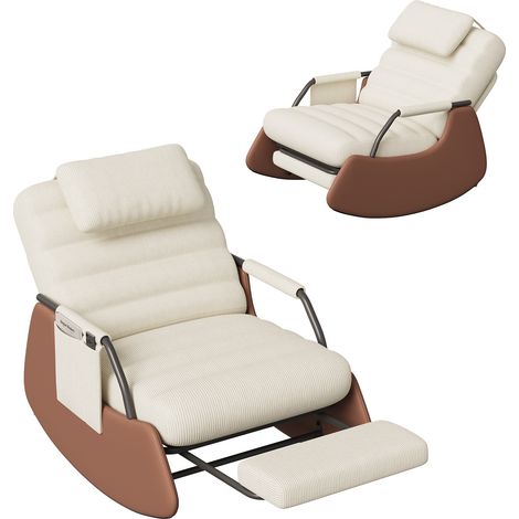 Rocking chair avec repose-pieds pliable, Fauteuil à bascule et chaise de relaxation, dossier réglable à 3 positions, velours côtelé, style moderne, beige