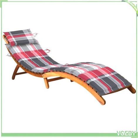 Chaise longue de jardin - Motif à carreaux rouges - Bois d'acacia massif - Coussin inclus - Pliable (1/5)