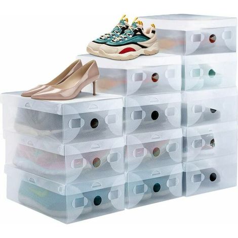 Caja de zapatos apilable de 12 piezas, transparente, resistente y transpirable, de plástico con puerta frontal para zapatillas de hasta la talla 39. Transparente. (1/5)