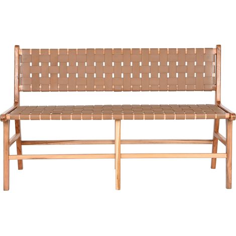Banc en teck et cuir pour salon chic et élégant - Beige clair et cuir naturel (1/5)