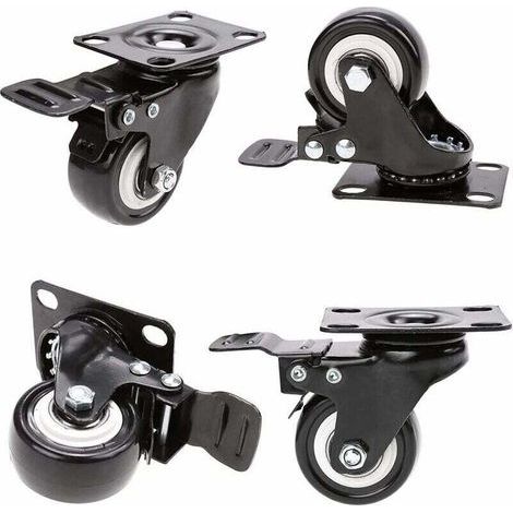 4 ruote piroettanti con freno, in gomma da 50 mm, per mobili, portata 400 kg, nere. (1/5)