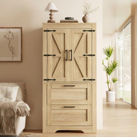 Küchenschrank im Landhausstil 60x30x128cm mit 2 Schubladen und verstellbaren Einlegeböden Beistellschrank im Scheunentür-Design MDF Naturholzfarbe (1/5)