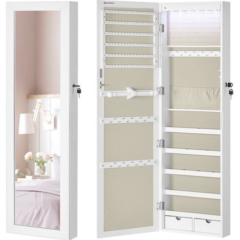 Armoire à bijoux meuble de rangement mural 10 x 37 x 120 cm pour colliers boucles d’oreilles placard à accessoires avec miroir divers compartiments verrouillable blanc