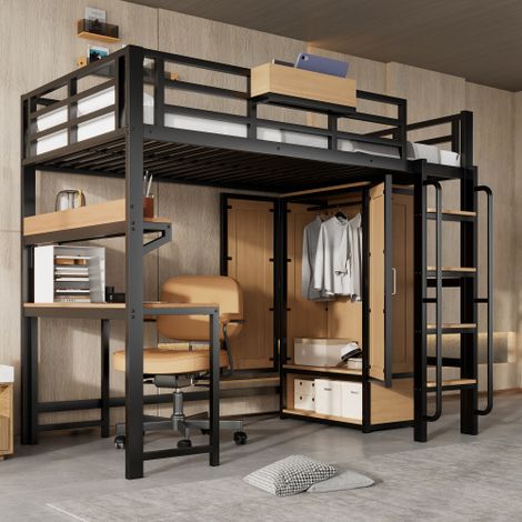 Letto a soppalco in ferro, con armadio a due ante, scaletta con corrimano, scrivania e ripiano contenitore, letto superiore con vani portaoggetti, ferro + MDF, nero + naturale, 90x200 cm (1/5)