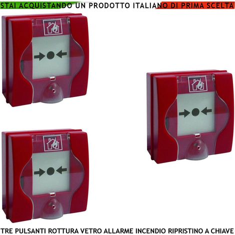 PULSANTI ROTTURA VETRO ROSSI 3 PEZZI PER ALLARME INCENDIO CON RIPRISTINO A CHIAVE SBLOCCA PORTE REI EN 54-11 CPD