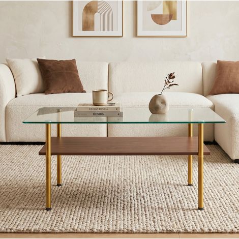 Tavolino da caffè rettangolare in vetro e MDF, metallo dorato, marrone, 97,7 x 57,7 x 45 cm (1/5)