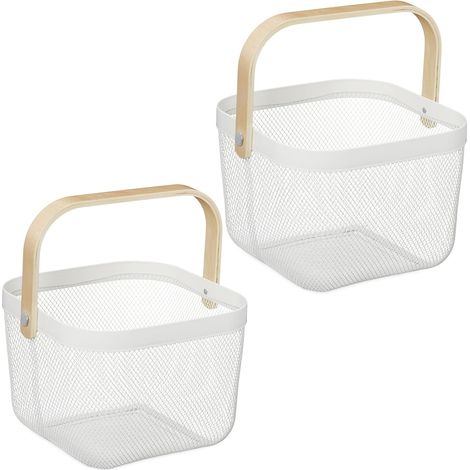 Relaxdays Panier de Rangement, Lot de 1, HxLxP : 17,5 x 26 x 24,5 cm, métal et Bambou, avec Anse, (1/5)