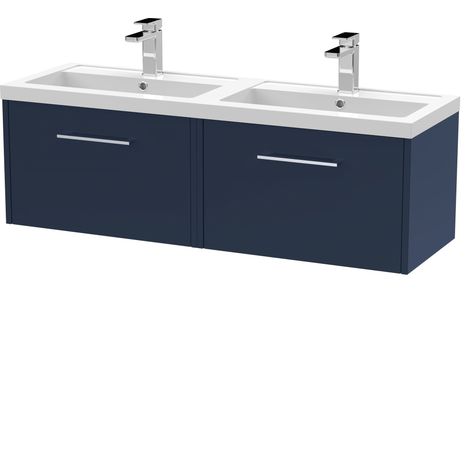 Winshill Contemporary 2 Drawer Wall Hung Vanity Unit with Double Basin, Dark Blue, 1200mm (1/4)