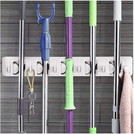 Porte Balais Mural avec 5 Emplacements et 6 Crochets/Support Balais Mural pour Salle de Bain, Cuisine ou Garage-gris clair,40cm (1/5)