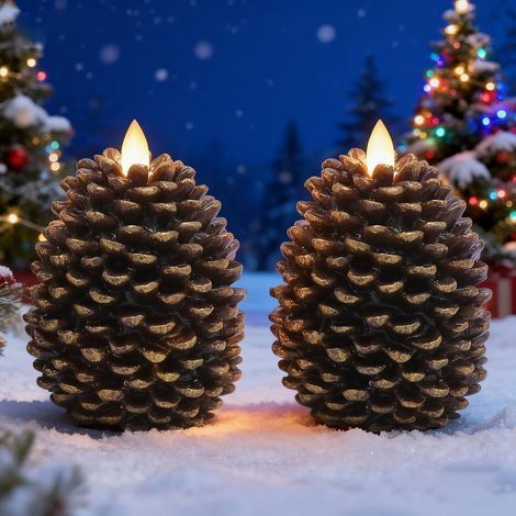 Bougies LED en forme de pomme de pin avec minuteur, bougies sans flamme fonctionnant à piles en cire non parfumée en pomme de pin marron - Lot de 2 pour décoration de Noël, fête à domicile (1/5)