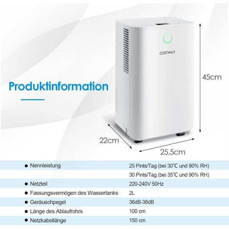 15㎡ Dehumidifier 15L Dehumidifier with 3 Modes Mobile Dehumidifier 25.5 x 22 x 45 cm White (1/5)