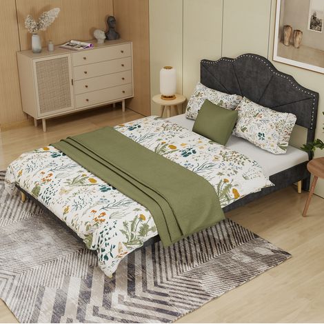Letto adulto 160x200 cm con testiera imbottita, in velluto grigio, materasso non incluso (1/5)