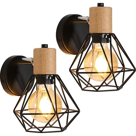 Goeco Set of 2 Vintage Industrial Wall Lights, 360° Rotatable Wood and Black Metal Cage Sconce, E27 Exposed Bulb Fixture for Bedroom Hallway Living Room (1/5)