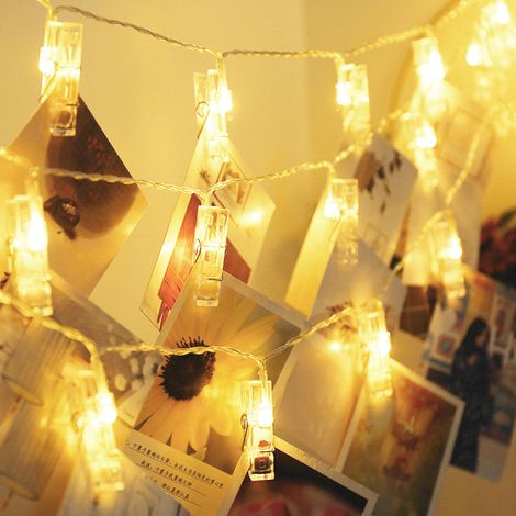 Guirlande lumineuse avec clip pour photos, 20 LED, lumière blanc chaud, 2m, alimentation par piles, 8 modes d'éclairage d'ambiance pour la décoration intérieure (1/5)