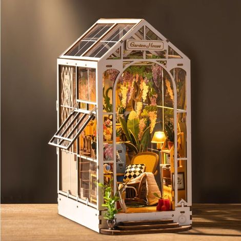 Book Nook Wooden Dollhouse, DIY Miniature, Puzzle House Model with LED Lights, House, Library Decoration, Holiday Gift (Holiday Flower House)