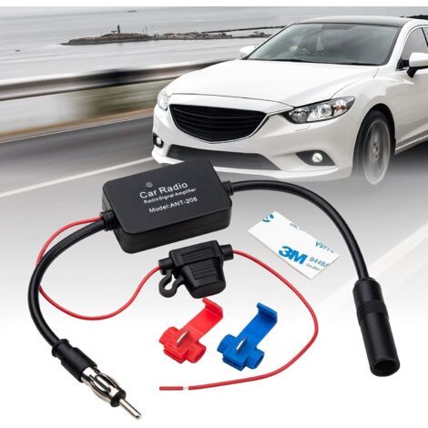 Universal car radio antenna amplifier (12–24 V, FM), high gain, low noise (25 dB), with adhesive and red clip for car radio FM antennas--DTEKGAZ