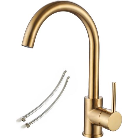 Brushed Brass Mixer Kitchen Tap Single Handle C High Spout Swivel Lever +Fixings (1/5)