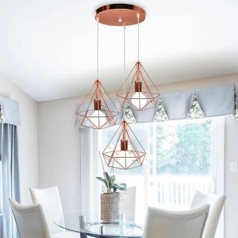 Lustre Suspension en Métal Indutrielle Cage Diamant Rose Lampe Plafonnier Luminaire Vintage Ajustable pour Salon Chambre (1/4)