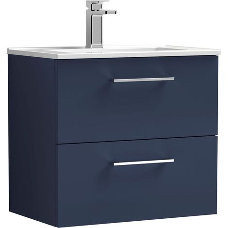 Balterley Bramshall Contemporary Bathroom 2 Soft Close Drawer & Minimalist Wall Hung Vanity Unit Basin, Midnight Blue, 600mm