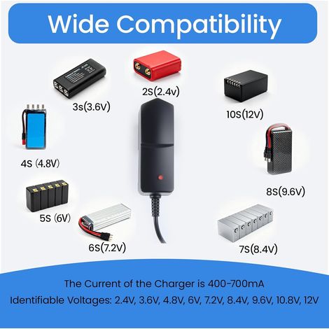 Intelligent 2.4-12V Chargeur, Voiture Chargeur RC Hydraulique avec 6 Commun Connecteur Auto Chargeurs de Batterie pour Batteries NiMH/NiCd 2-10S Bateau Drone Modélisme Mini Tamiya JST SM2P HuanQi XH3P