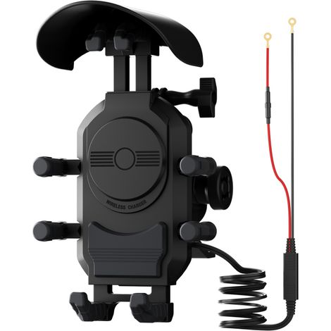 Support de téléphone pour moto anti-vibrations, résistant à la pluie et au soleil, chargement sans fil 15 W, port A+C, rotation à 360°, conception antivol pour vélos électriques, scooters et motos. (1/5)