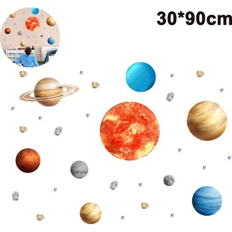 Stickers muraux planètes de l'espace, autocollants muraux amovibles en vinyle aquarelle du système solaire pour chambre d'enfant, chambre à coucher, salon (1/4)