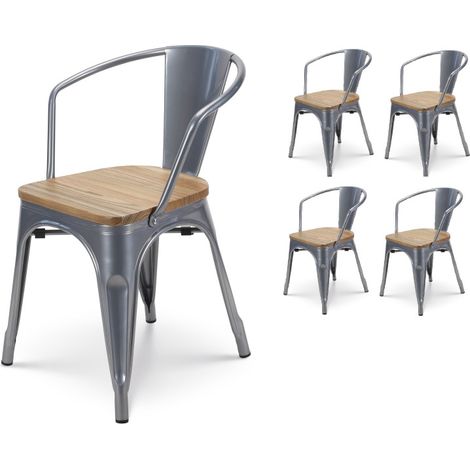 Set di 4 sedie in metallo grigio argento in stile industriale con sedile in legno chiaro - con braccioli