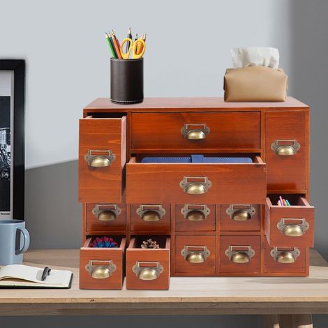 Mini Kommode mit 14 Schubladen, Vintage Aufbewahrungsschrank - Schrank Schubladenschrank Holz Klein Retro Schubladen-Organisator für Bürobedarf, Schmuck, Medikamente 53x16x42cm Braun (1/5)