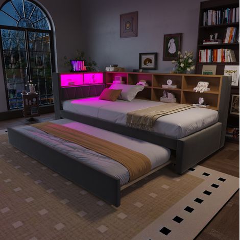 CHICFURN Divano letto 90x200 cm con estraibile 90x190 cm, LED, contenitore, grigio scuro (1/5)