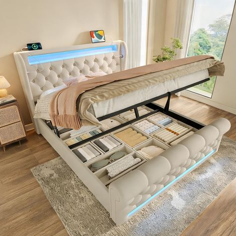 Cadre de lit beige en velours 220 x 146 x 110 cm (1/5)