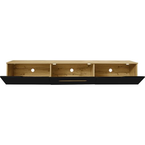 ELVMI TV-Lowboard mit 3 Türen und LED, Wandmontage oder Standmontage, für Wohnzimmer, aus MDF und Spanplatte, 180×35×30 cm, Schwarz und Holz (1/5)