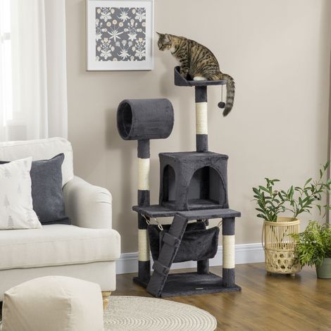 Arbre à chat griffoir maison à chat hamac lit tunnel boule - Dimensions: 48x48x125 cm - Couleur: Gris foncé