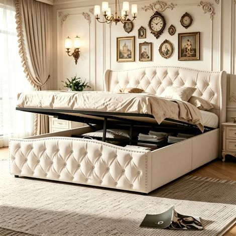 Lit 140x190 coffre, lit double, lit adulte en hydraulique, Cadre de Lits Capitonnée 2 Personnes, tête de lit en velours, Beige, sans matelas, MDF, Lit au design ondulé orné de rivets (1/5)