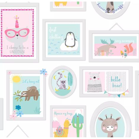 Kids Girls Child Nursery Wallpaper Pink Teal llamas Giraffes Penguins Animal Fun (1/4)