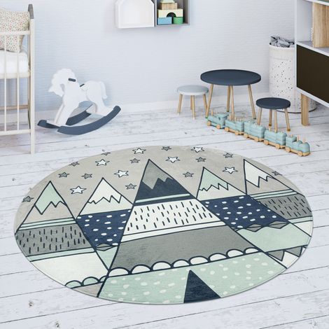 Paco Home Kinderteppich Teppich Kinderzimmer Spielmatte Rutschfest Sterne Zelt Tipi Motiv Grau Grün 80 cm Rund