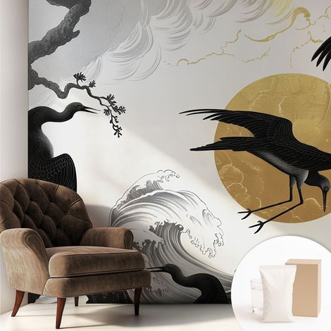 Papier peint intissé pour salon chambre à coucher peint imprimé Installation facile - Colle incluse gratuite Grues noires 250x250 cm (1/5)