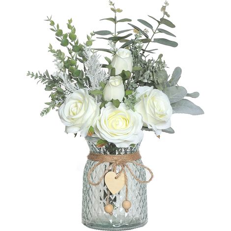 Fleurs artificielles avec Vase, Roses en Soie, Eucalyptus, Arrangement Floral, pour Maison, Bureau, Salle de Bains, décoration, Blanc (1/5)