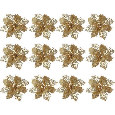 12 Glitzernde Weihnachtssterne, hohle künstliche Blumen, Weihnachtsbaumschmuck (Gold) – 14,5 x 14,5 cm – Gold (1/2)