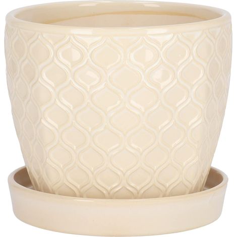 KOTARBAU Pot de fleurs en céramique pour plantes - 15 cm - Crème - Vintage - Avec bac d'égouttement - Motif écailles de poisson (1/5)