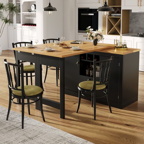 Table de bar extensible 120-180 cm avec rotation à 360° et espace de rangement,îlot de cuisine moderne avec table,noir