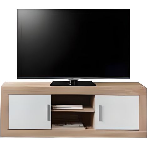Meuble TV de 2 portes + 2 niches coloris Chêne Cambrian / Blanc - Longueur 134 x profondeur 35 x hauteur 46 cm -PEGANE-